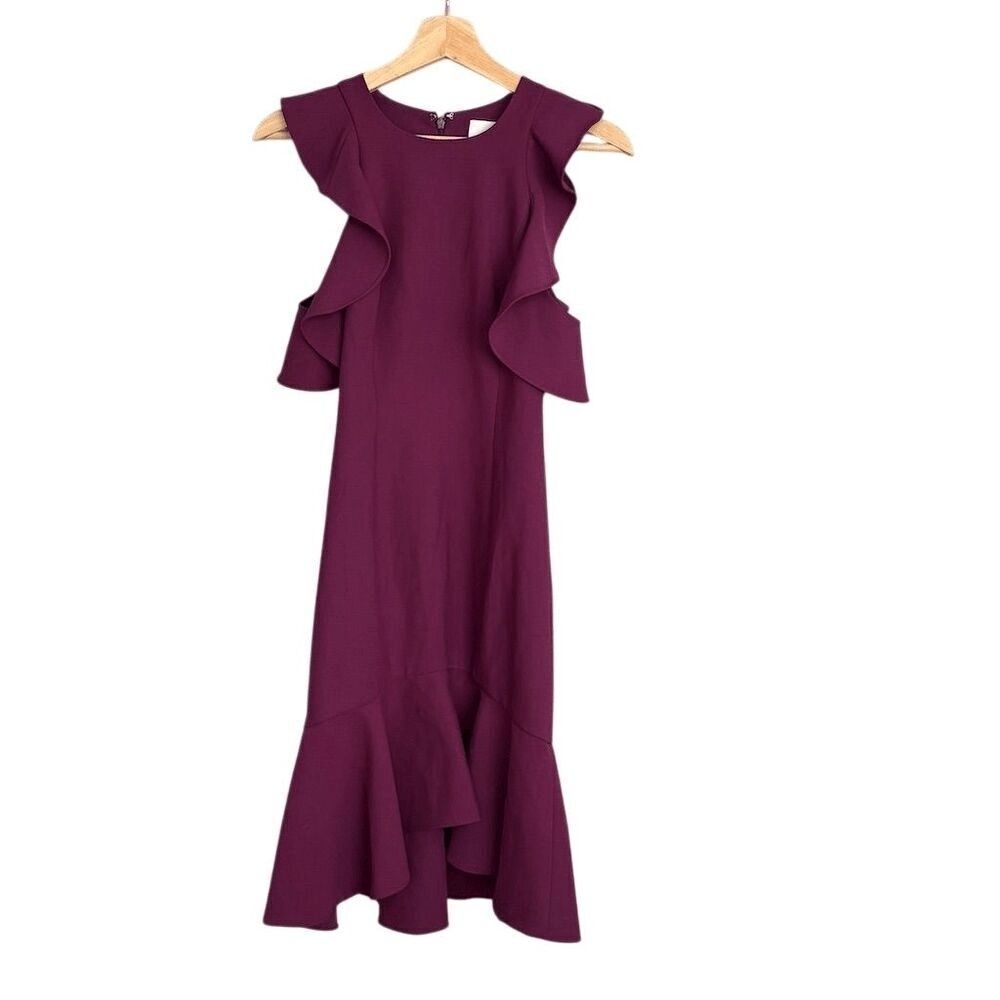 Cinq a Sept Women's Asymmetric Ruffle Hem Knee Length Dress Eggplant Purple 2